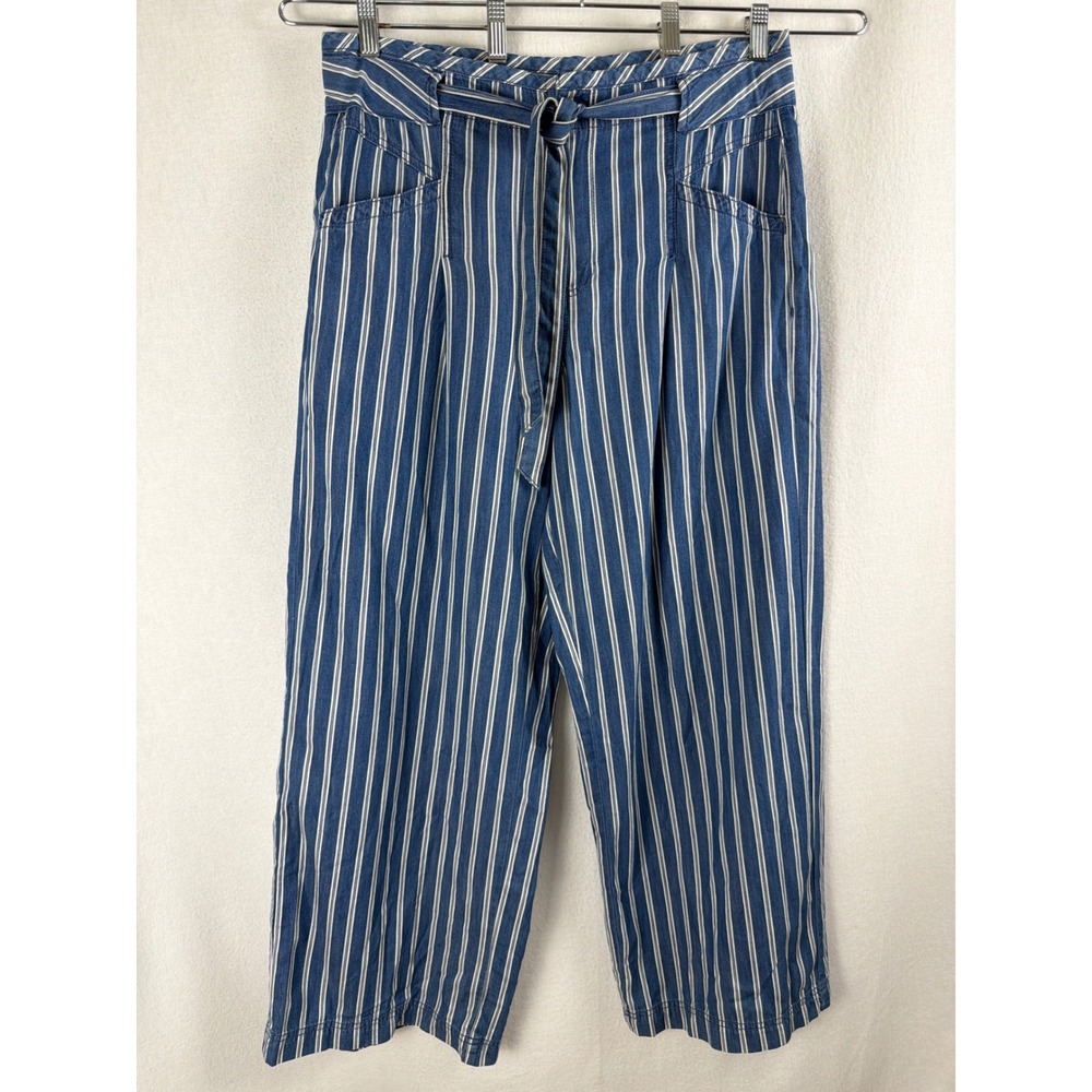 American Eagle Striped Wide Leg Pants Blue White High Rise Belted Cotton Sz 14
